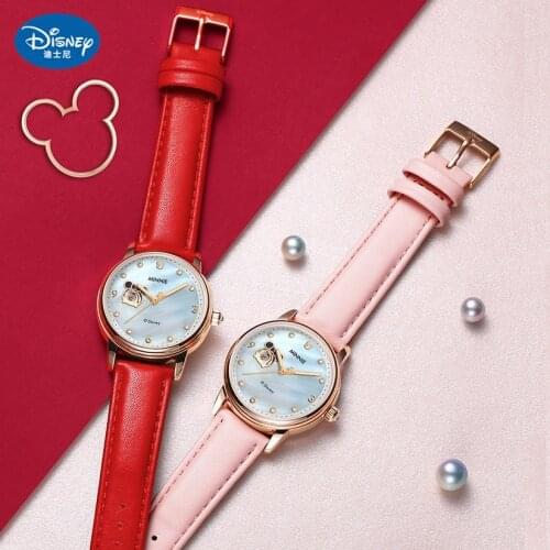 Disney New Casual Women Romantic Automatic Wrist Watch Leather Rhinestone Designer Ladies Clock Simple Dress Gfit Montre Femme