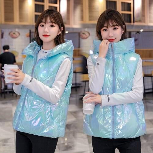 Autumn Winter Women Waistcoat Vest 2021 New Casual sleeveless shiny fabric Hooded Thick Warm padded Vest Coat for Girls Student