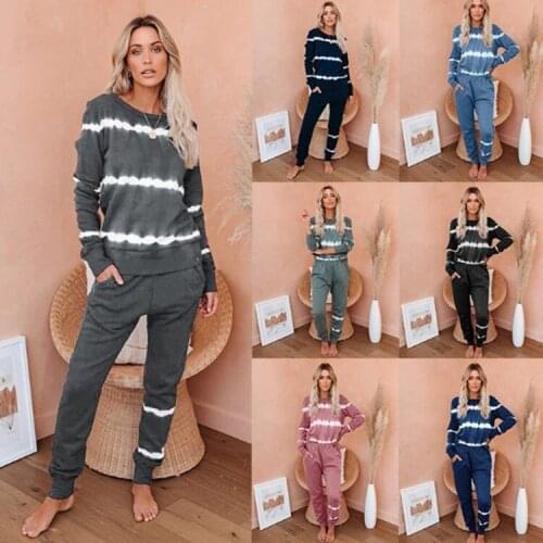 Autumn Warm Women Pajama Set Solid Color Stripe Home Wear Tie-dye Print Nightwear Sleepwear Fashion Long Sleeve Pyjamas Women