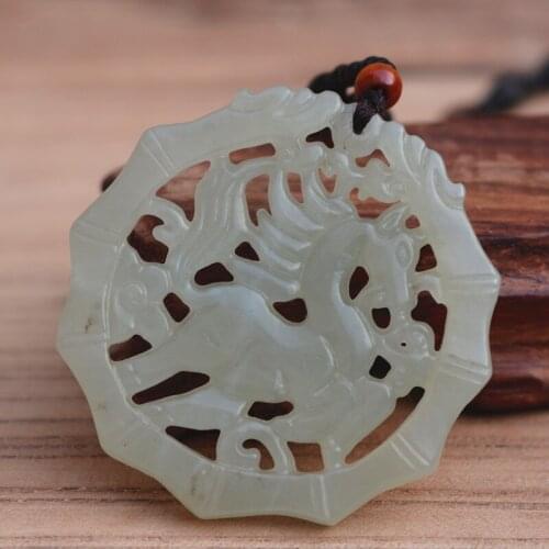 Natural HETIAN Jades Pendant Necklace Carved Hollow out Horse Zodiac Horse Pendant Gift for Mens Jades Stone Jewelry Free Chain