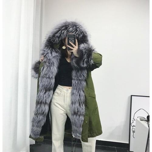 Parka Real Fur Coat Winter Jacket Women Rabbit Fur Liner Long Coat Female Fox Fur Collar Warm Oversized Jackets MY4385