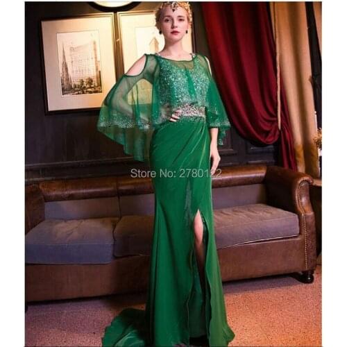 Hunter Green Chiffon Evening Dresses Arabic Dubai With Jacket Muslim Evening Dresses Side Slit Sweep Train Dubai Robe de soiree