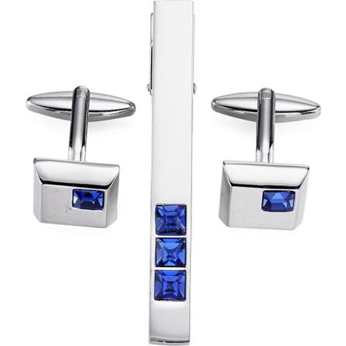 XKZM Cuff links necktie clip for tie High Quality tie pin for men Blue Crystal tie bars cufflinks tie clip set Free Shipping