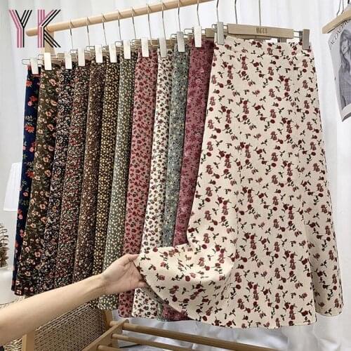 Women High Waist Skirts Casual Floral Midi Skirt Ladies Corduroy Maxi Skirts Female Vintage Pleated Long Skirts Girls Streetwear