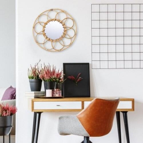 40cm Rattan Decorative Mirror Hand-woven Creative Round Make-up Mirror Home Hotel Wall Hanging Decorative Mirror Art Showpiece