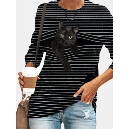 2021 Stripe 3D Cat Print Loose Short T shirts Women Streetwear Hip Hop Short Sleeve Color Block Tee Top T Shirt Korean T-Shirt