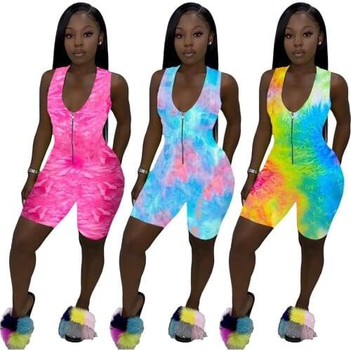 Tie Dye Print Playsuit Sleeveless Jumpsuit Zipper V Neck Shorts Romper Women Summer Casual One Piece Playsuit Plus Size XXL