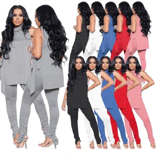 Casaul Sleeveless Women Tracksuit Stacked Sportsuit Shirt + Long Pleated Sportwear Summer Clothes For Women Outfit