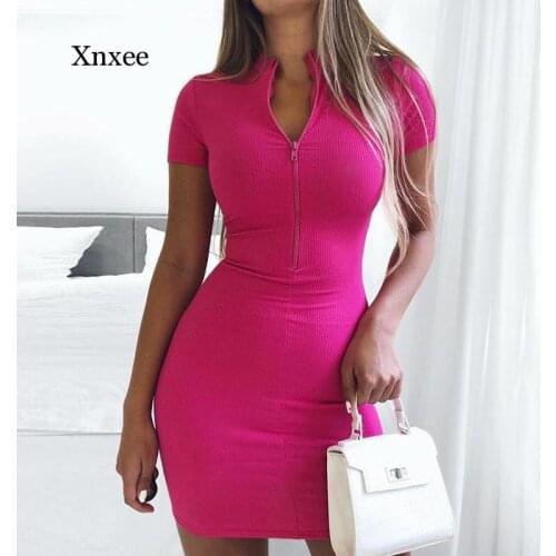 Women Summer Ribbed Skinny Mini Pencil Dress Solid Short Sleeve Zipper Sexy Bodycon Fashion Slim Club Party Shirt Dresses 2021