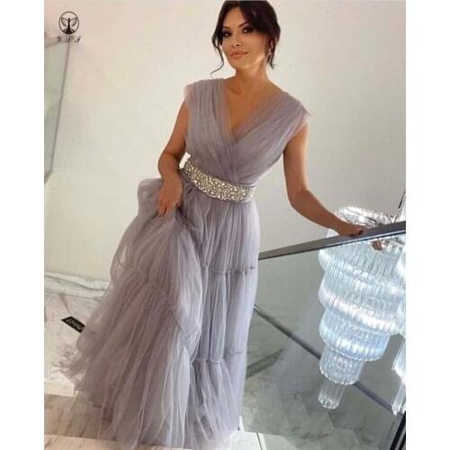 Fashion Vestidos De Formature V Neck Pleated Sleeveless Belt Crystals A Line Floor Length Prom Dresses