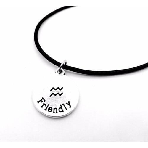Zodiac Aquarius Necklace Signs 12 Constellation Rope Necklace Horoscope Disc Firendly Water Wave Leather Necklaces