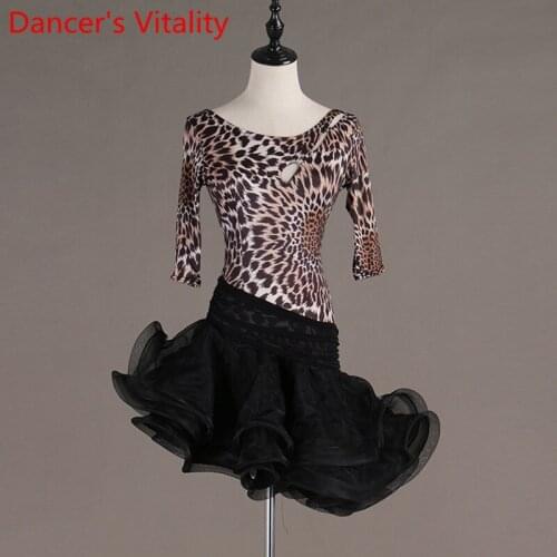 2019 New Adult Latin Dance Half Sleeves Leopard Clothes Women Performance Costume Tango Samba Cha Cha Dancing Wear Oufits