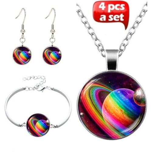 4Pcs/Set New Handmade Glass Pendant Necklace Bracelet Earrings Universe Planet Glass Picture Jewelry For Women Gifts Accessories