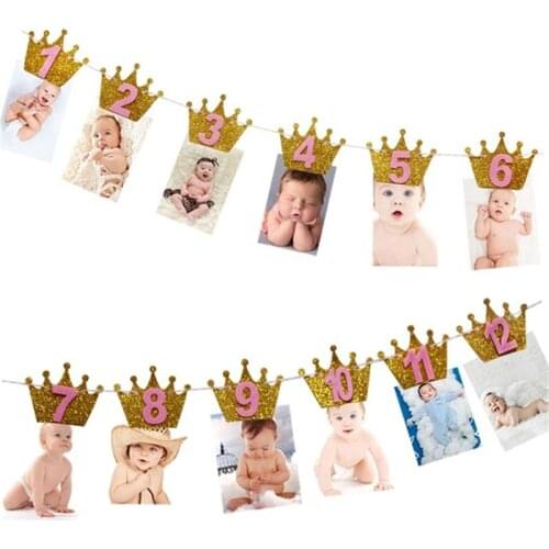 12 Months Photo Frame Banner First Happy Birthday Party Decorations Kids 1st Baby Boy Girl 1 One Year Birthday Supplies