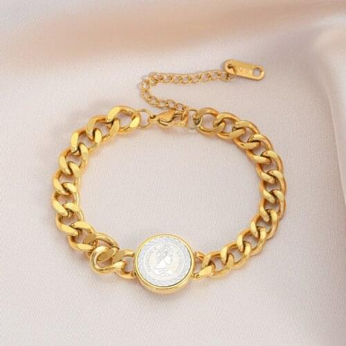 316L Stainless Steel Roman Numerals Natural Shell Charm Thick Chain Bracelets For Women Fashion Trend Fine Jewelry Gift SAB285