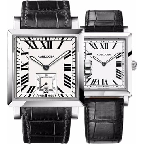 Agelocer Couple Watches for Men Women Square Quartz Watches Genuine Leather Band Waterproof Watches 3301-3401