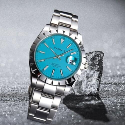Parnis 39.5mm Top Luxury Mens Watches Blue Dial Calendar Miyota 8215 Automatic Mechanical Movement Mens Wristwatch