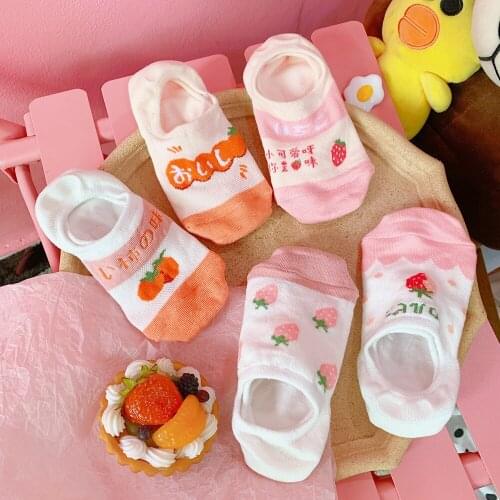 DONG AI 5 Pairs New Arrival Women Socks Funny Fruits Cute Happy Silicone Slip Invisible Cotton Sock Fashion Girl Sox 35-40
