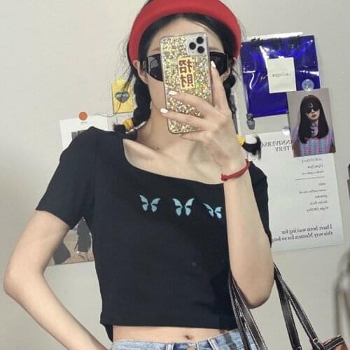 T-shirts Womens Hot Sale Square Collar Butterfly Embroidered Sweet Slim Girls Korean Summer Street Short Tops