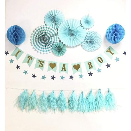 Light bule Its A boy baby shower decoration banner Paper fan tassel star string Honeycomb Gender Reveal party decorations