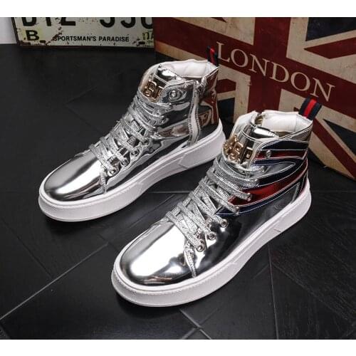 New Popular Luxury Designer Men Mirror Reflective Punk Rock Lace-Up Casual Shoes Male High-Tops Thick Bottom Sneakers Loafers