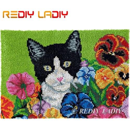 Latch Hook Rug Cat in Pansies Plush Tapestry Kits DIY Carpet Rug Chunky Yarn Arts & Crafts Crochet Floor Mat Home Decor 85*58cm