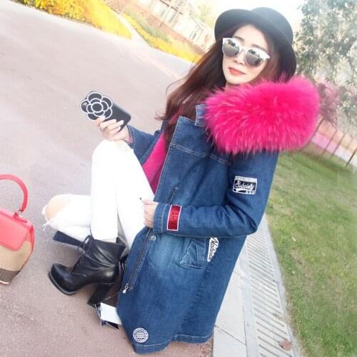Maomaokong 2020 new autumn winter jacket coat women Denim long jacket Raccoon fur collar and faux fur lining thick warm Liner