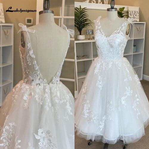 Lakshmigown Short Wedding Dresses V Neck Lace Appliques Simple Wedding Gown Cheap Vestido De Noiva Vintage Sexy Wedding Gown