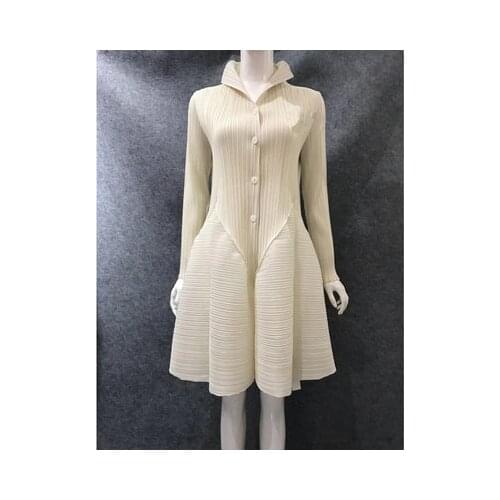HOT SELLING Miyake fashion solid color dress stand collar long sleeve button bud dress HOT SELLING