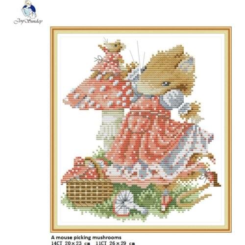 A Mouse Picking Mushrooms Aida Cross Stitch Kit 14ct 11ct Count Print Canvas DMC Cotton Thread DIY Handmade Needle Embroidery