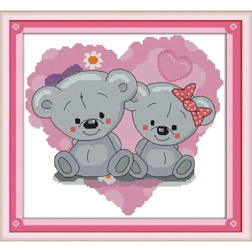 The teddy bear lovers cross stitch kit cartoon animal couples DIY hand embroidery set craft handmade needlework cross stitching
