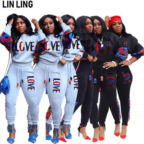 LINLING 2021 Spring and Autumn New European and American Womens Color Love Leisure Sports Two Piece Set