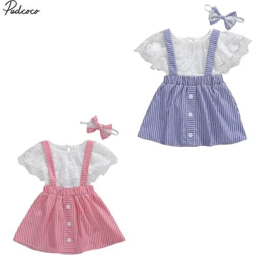 1-6Y Toddler Baby Girl Clothes Flower Lace Ruffle Collar White Blouse Top Button Striped Suspender Skirts Headband 3pcs Set