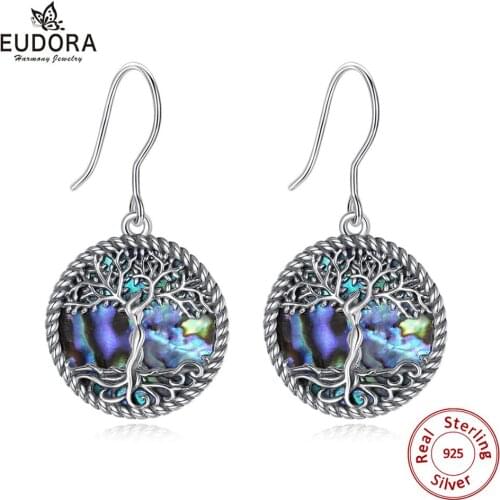 Eudora 100% 925 Sterling Silver Blue Tree of life Drop Earring mother of pearl Women Fashion earrings Jewelry Gift For girl