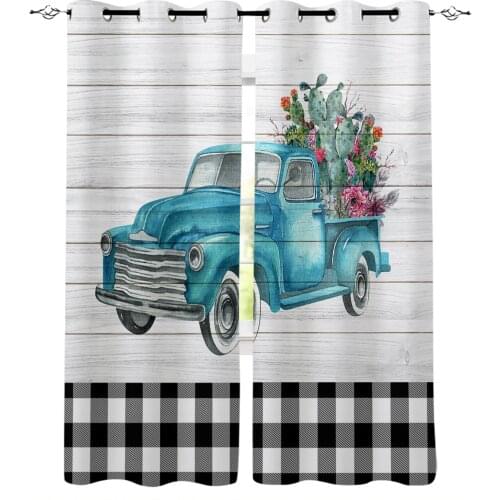 Tropical Plants Cactus Car Black And White Plaid Wood Blackout Curtains Bedroom Blinds Drapes Window Curtains For Living Room