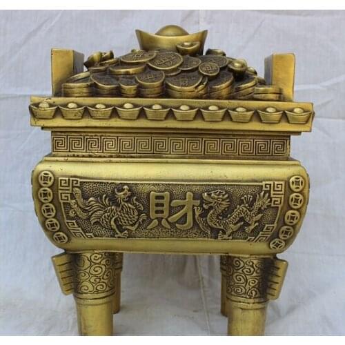 Xd 001932 11" China Bronze Dragon Phoenix Lion Head Statue Zhao Cai Wealth Treasure Tripod