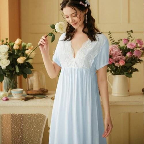 Women Cotton Nightgowns Peignoirs Lace Sleeve Sexy V Neck Sleepwear Victorian Vintage White Long Sleep Dress Night Wear Nightie