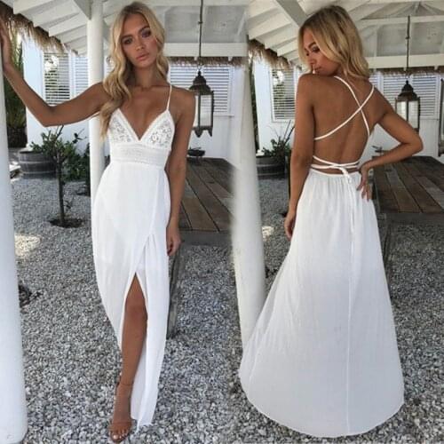 Womens Boho Beach Dresses Lace Floral V Neck Sleeveless Backless Long Maxi Dress Summer Holiday Long Dress Evening Party Wear