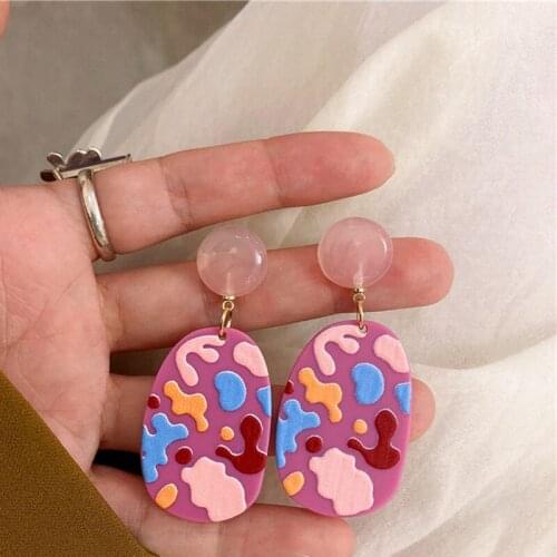 Geometric Color Purple Camouflage Dangle Acrylic Printed Flower Earring Women Girl