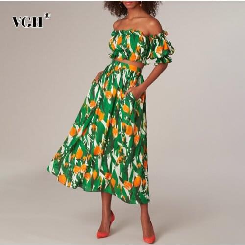 VGH Print Two Piece Set For Women Slash Neck Puff Short Sleeve Short Tops High Waist Ankle Length Skirts Casual Sets Female 2021