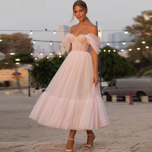 Verngo Blush Pink Off the Shoulder Dot Tulle Short Wedding Dress With Sleeves Elegant Tea Length Bride Gown For Party Reception