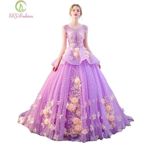 SSYFashion High-end Luxury Colorful Prom Dress The Banquet Sweet Light Purple Flower Appliques Long Party Formal Gown Custom
