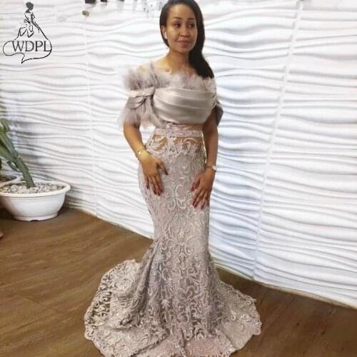 2021 Silver Lace Evening Dresses Off the Shoulder Feathers Mermaid Prom Dresses Long Elegant vestidos Prom Party Gown Plus Size