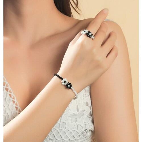 Bohemian Fashion Ladies Black White Beads Handmade Beaded Adjustable Yin & Yang Flower Bracelets Ring Jewelry Set For Women Gift