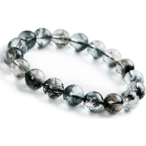 Brazil Genuine Natural Black Hair Rutilated Quartz Crystal Round Bead Stretch Charm Bracelet 11mm