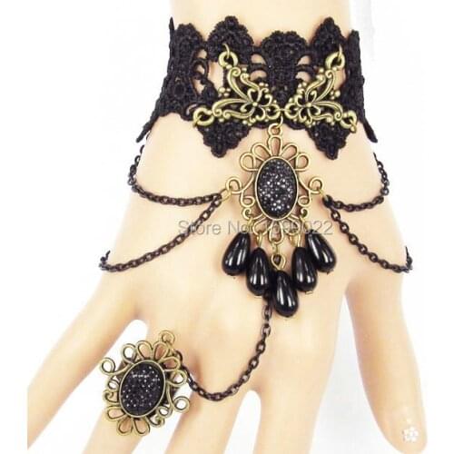 Handmade Black Lace Exotic Dress Bracelets Hand Jewelry with Ring Gothic masquerade Female Teenagers Women Wrist Accessories