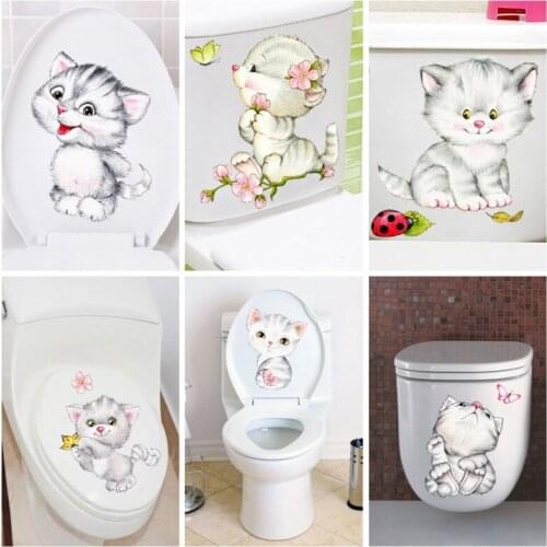 Hot Vivid 3d Cute Cat Animal Toilet Stickers Home Decoration Diy Wc Washroom Pvc Posters Kitten Puppy Cartoon Wall Art Decals
