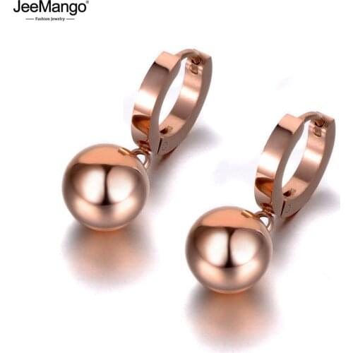 JeeMango Bohemia Rose Gold Stainless Steel Smooth Round Ball Earrings Trendy Party Hoop Earrings Jewelry For Women Girls JE19318