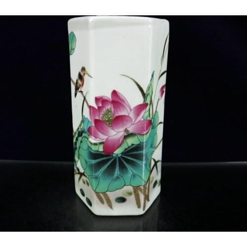 Chinese Ceramics Pastel Famille Rose Porcelain Chinaware Flowers and Birds Figure Lotus Pattern Hexagonal Hat Tube