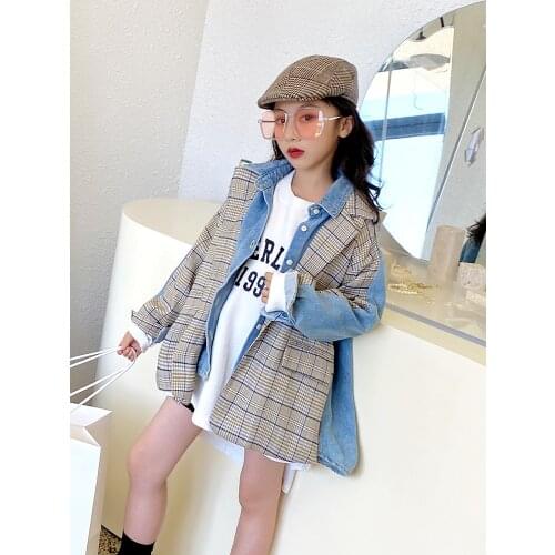 Baby Boys and Girls Plaid Suit Stitching Denim Jacket 2021 Fall New Medium and Big Kids Casual Fake Two-piece Tops Kids Jackets